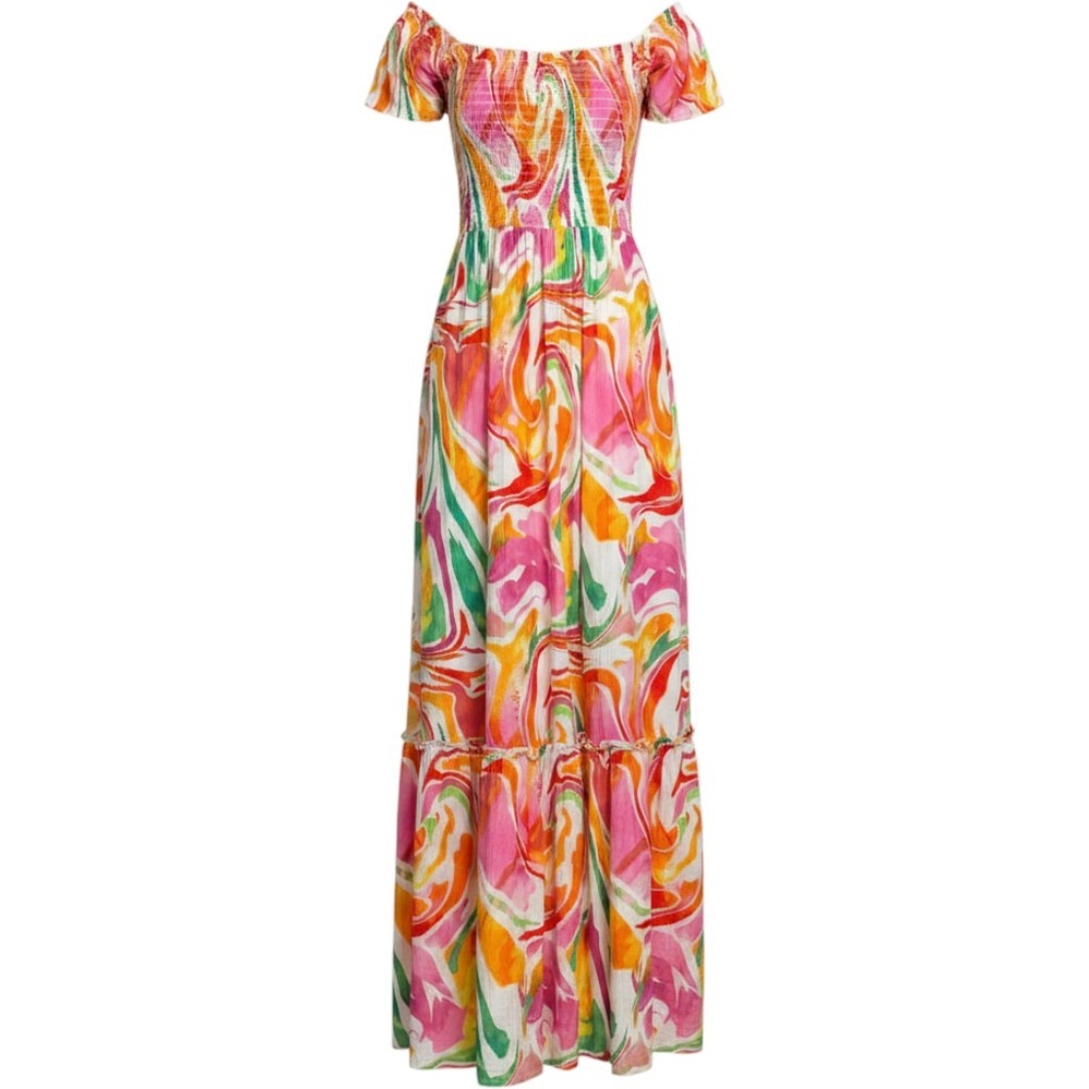 Lilymaes Amelie Pink Marble Swirl Smocked Tiered Maxi Dress Small NWT